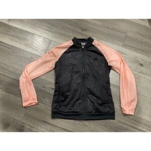 Adidas Womens Floral Track Jacket Black Peach Pink Full Zip Stripes Medium